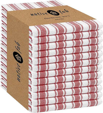 Native Fab Stripe Kitchen Towels - 100% Cotton - 12 Pack - 16"x26" - Basket Weave Striped Tea Towels, Dish Cloths for Drying Dishes, Absorbent, Quick Dry Towels Set with Hanging Loop - Red White