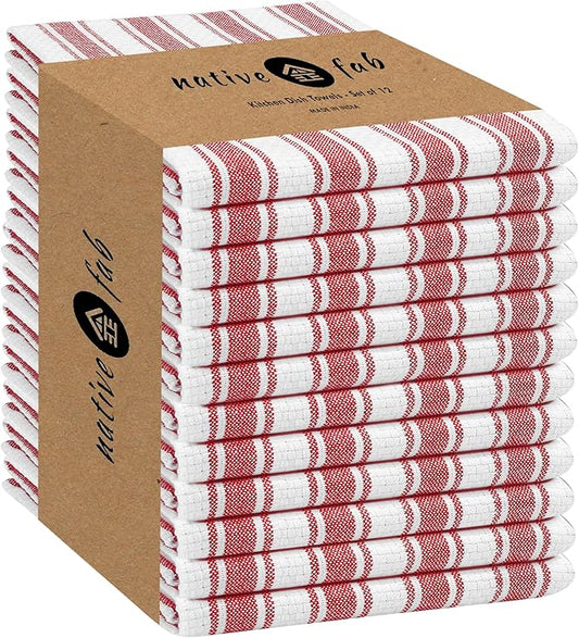 Native Fab Stripe Kitchen Towels - 100% Cotton - 12 Pack - 16"x26" - Basket Weave Striped Tea Towels, Dish Cloths for Drying Dishes, Absorbent, Quick Dry Towels Set with Hanging Loop - Red White