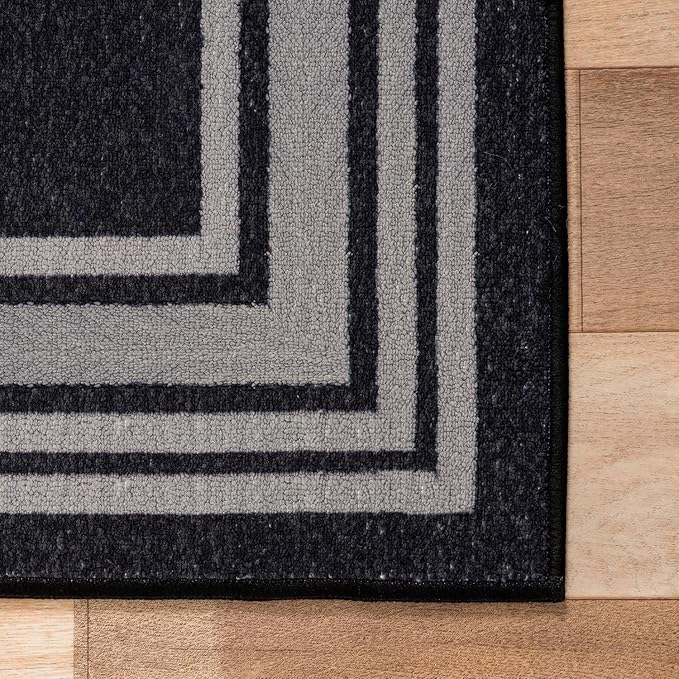 Modern Bordered Non Slip Indoor Runner Rugs for Living Room 2x7 Area Rugs for Kitchen, Rug for Bedroom, and Hallway, Stain Resistant Easy Cleaning Non Shedding Black 2 x 7
