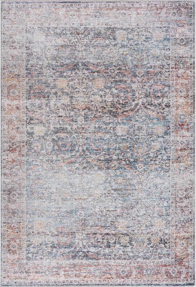 Bloom Rugs Caria Washable Non-Slip 4x6 Rug - Ocean Blue/Brick Traditional Area Rug for Living Room, Bedroom, Dining Room, and Kitchen - Exact Size: 4' x 6'
