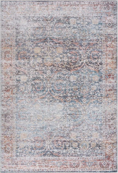 Bloom Rugs Caria Washable Non-Slip 4x6 Rug - Ocean Blue/Brick Traditional Area Rug for Living Room, Bedroom, Dining Room, and Kitchen - Exact Size: 4' x 6'