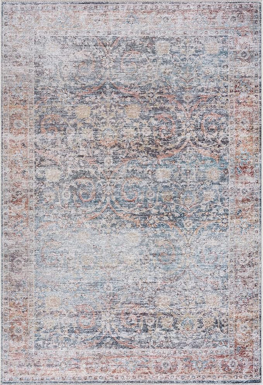 Bloom Rugs Washable Non-Slip 2x3 Rug - Ocean Blue/Brick Traditional Oriental Area Rug for Living Room, Bedroom, Dining Room, and Kitchen - Exact Size: 2' x 3'
