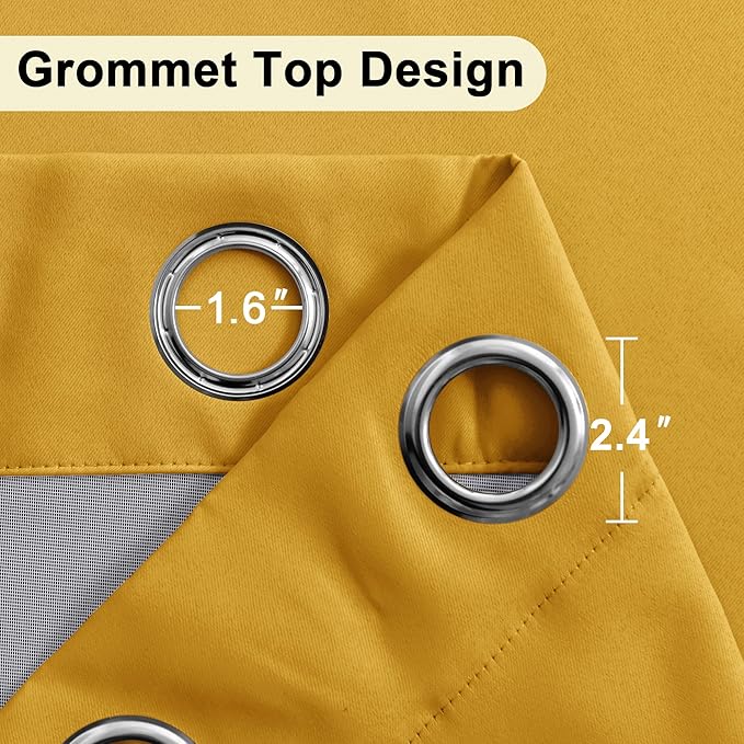 XWZO 100% Blackout Curtains 72 Inches Long with Tiebacks- Privacy Protection & Noise Blocking Window Draperies with Black Liner for Bedroom/Living Room, Grommet, Yellow, W42 x L72, Set of 2