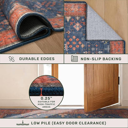 Navy Blue Area Rugs 9x12 Living Room, Dining Room Rugs for Under Table - Washable Low Pile Non-Slip Rugs for Bedroom - Vintage Boho Eclectic Home Decor - Ultra Soft Faux Wool Stain Resistance