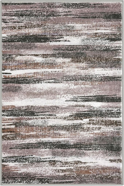 Modern Abstract 4x6 Living Room Washable Rug Non-Slip Soft Bedroom Area Rug Dark Light Brown White Thin Print Faux Wool Floor Carpet Throw Rugs for Nursery Playroom Dining Room Indoor Office