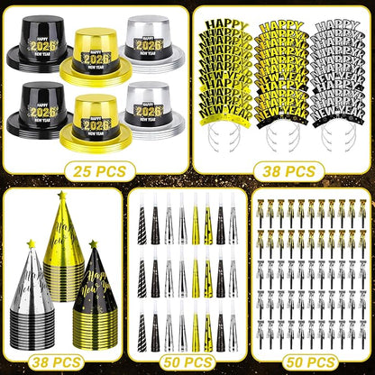 200PCS New Years Eve Party Favors, 100 Guests Happy New Year Hats, New Year Party Supplies Gold Silver Black, Foil NYE Noise Makers Cardboard Horns Cone Hats New Year Tiara New Years Gathering