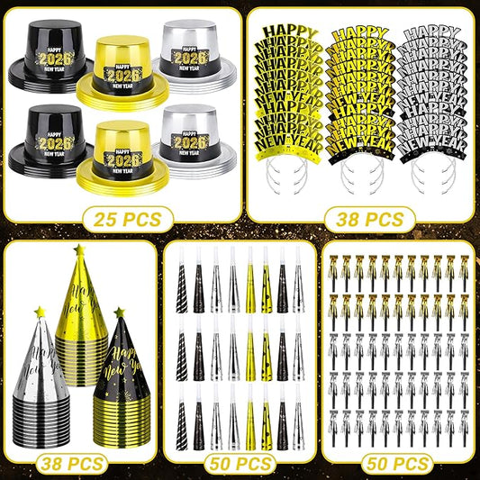 200PCS New Years Eve Party Favors, 100 Guests Happy New Year Hats, New Year Party Supplies Gold Silver Black, Foil NYE Noise Makers Cardboard Horns Cone Hats New Year Tiara New Years Gathering