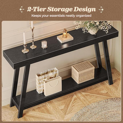 Huuger Console Table with Charging Station, USB-C Port, 2 Tiers Entryway Table, 53.9 Inch Sofa Table with Metal Legs, Entry Hallway Table with Thicker Desktop, Modern Behind Couch Table, Black