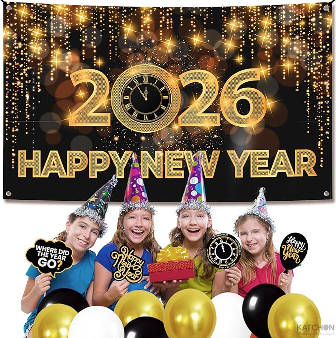 Katchon, Xtralarge Happy New Year Banner - 72x44 Inch | Happy New Year 2026 Banner for New Years Decorations 2026 | NYE Backdrop for New Years Eve Party Supplies 2026 | NYE Decorations 2026