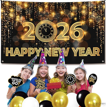 Katchon, Xtralarge Happy New Year Banner - 72x44 Inch | Happy New Year 2026 Banner for New Years Decorations 2026 | NYE Backdrop for New Years Eve Party Supplies 2026 | NYE Decorations 2026