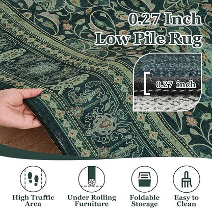 Dark Green Area Rug 5x8 for Lving Room Bedroom, Washable Non Slip Low Pile Thin Rugs for Dining Room, Vintage Boho Floral Moroccan Pattern Printed Carpet Rug for Dining Room Kitchen Office