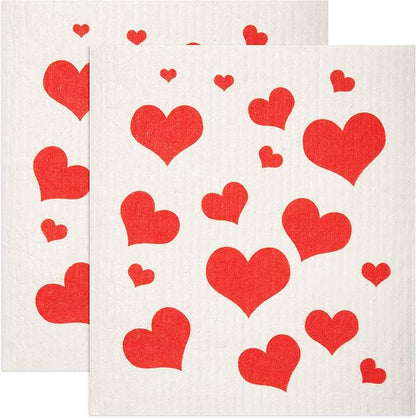 Swedish Dishcloths 2 Pack Red Flying Hearts Print Reusable Sponges Kitchen Cleaning Cloth Dish Scrubber, Machine Washable, Measures 7.87”x6.88 inches.