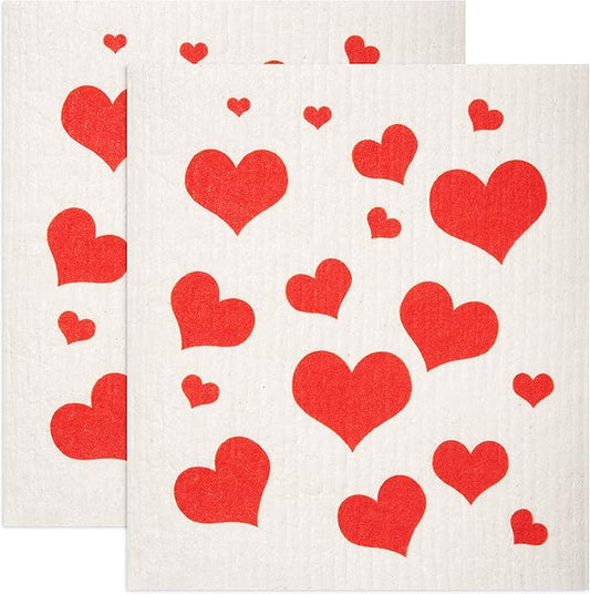 Swedish Dishcloths 2 Pack Red Flying Hearts Print Reusable Sponges Kitchen Cleaning Cloth Dish Scrubber, Machine Washable, Measures 7.87”x6.88 inches.