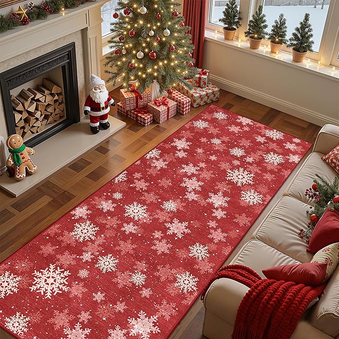 3x8 Runner Rug Non Slip for Hallway, Washable Christmas Rugs for Living Room, Ultra-Thin Snowflake Bathroom Rug Runner, Soft Red and White Christmas Decor Indoor(3'x8', Red/White)