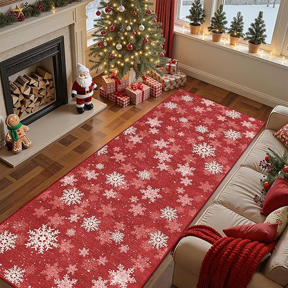 3x8 Runner Rug Non Slip for Hallway, Washable Christmas Rugs for Living Room, Ultra-Thin Snowflake Bathroom Rug Runner, Soft Red and White Christmas Decor Indoor(3'x8', Red/White)