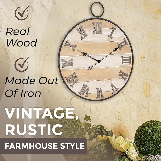 Large Wooden Wall Clock - Antique, Vintage, Rustic, Country Farmhouse Style - Real Wood - Iron Roman Numeral Design - Built-in Wall Hanging Ring - 23.5" x 28"