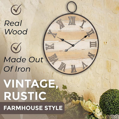 Large Wooden Wall Clock - Antique, Vintage, Rustic, Country Farmhouse Style - Real Wood - Iron Roman Numeral Design - Built-in Wall Hanging Ring - 23.5" x 28"