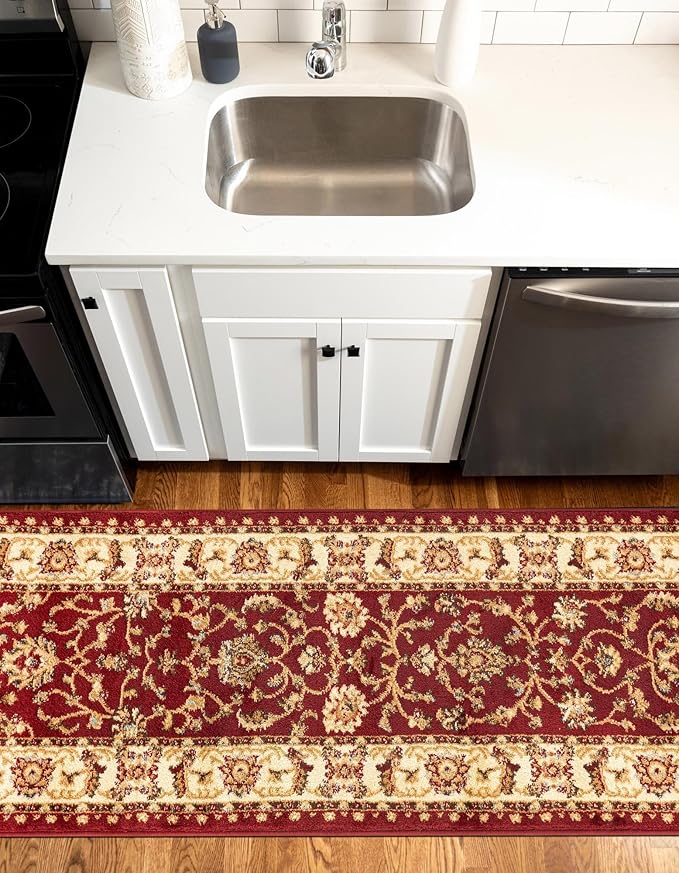 Rugs.com Aditi Collection Rug – 20 Ft Runner Red Medium-Pile Rug Perfect for Hallways, Entryways