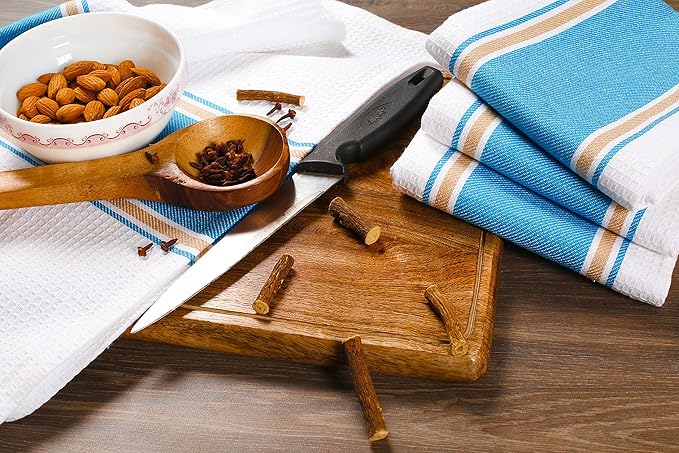 Goroly Home 6 Pack 100% Cotton Farmhouse Vintage Dish Towels Tea Towels Highly Absorbent Quick Dry Professional Grade with Hanging Loop - Twill Waffle - 18x28 Inch - Turquoise Blue