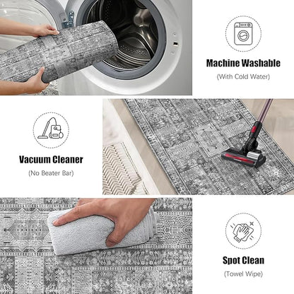 Vintage 2'6'' x 8' Washable Area Rug - Stylish Indoor Rug for Living, Dining or Bedroom - Lightweight Carpet with Non-Slip Backing - Foldable for Easy Placement and Maintenance - Grey