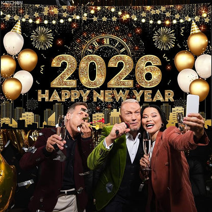 Katchon, Xtralarge Happy New Year Banner - 72x44 Inch | Gold Happy New Year 2026 Banner for New Years Decorations 2026 | NYE Backdrop for New Years Eve Party Supplies 2026 | NYE Decorations 2026