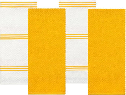 Sticky Toffee Cotton Kitchen Towels Set of 4 – Yellow and White Dish Towels 28x16 in, Reusable and Absorbent Tea Towels for Cleaning or Drying, Oeko-Tex Cotton