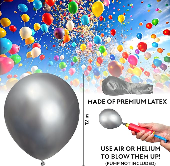 Silver Balloons 100 Pack, 12 Inch Metallic Silver Balloons For Birthdays, Weddings, Baby Showers, Holidays