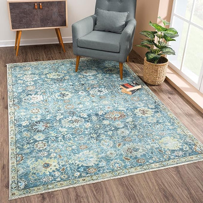 Bloom Rugs Caria Washable Non-Slip 8x10 Rug - Blue/Beige Traditional Area Rug for Living Room, Bedroom, Dining Room, and Kitchen - Exact Size: 7'8" x 10'