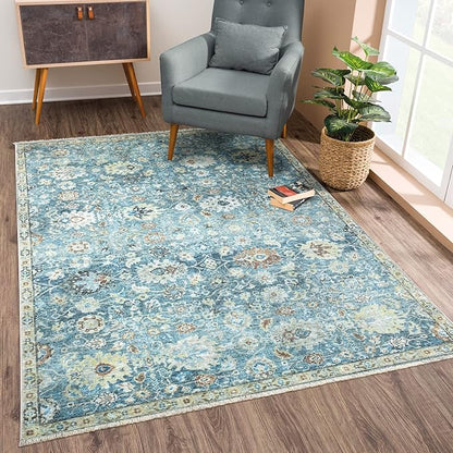 Bloom Rugs Caria Washable Non-Slip 4x6 Rug - Blue/Beige Traditional Area Rug for Living Room, Bedroom, Dining Room, and Kitchen - Exact Size: 4' x 6'