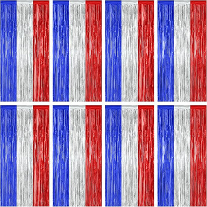8 Pack 4th of July Photo Backdrop, 3.28 FT x 7.08 FT Fourth of July Decorations, Metallic Blue Silver Red Patriotic Tinsel Backdrop Foil Curtains, Patriotic Independence Day Decorations