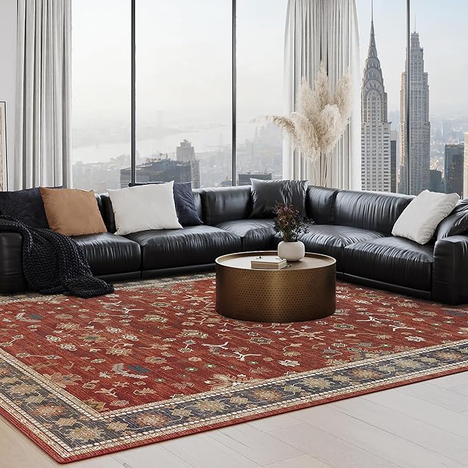 Large Rugs for Living Room, 8x10 Red Washable Rug for Bedroom, Soft Boho Indoor Carpets, Big Modern Kids Room Rug, Non-Slip Low Pile Mat for Office Home Dining Room Christmas Decor, Red/Gold