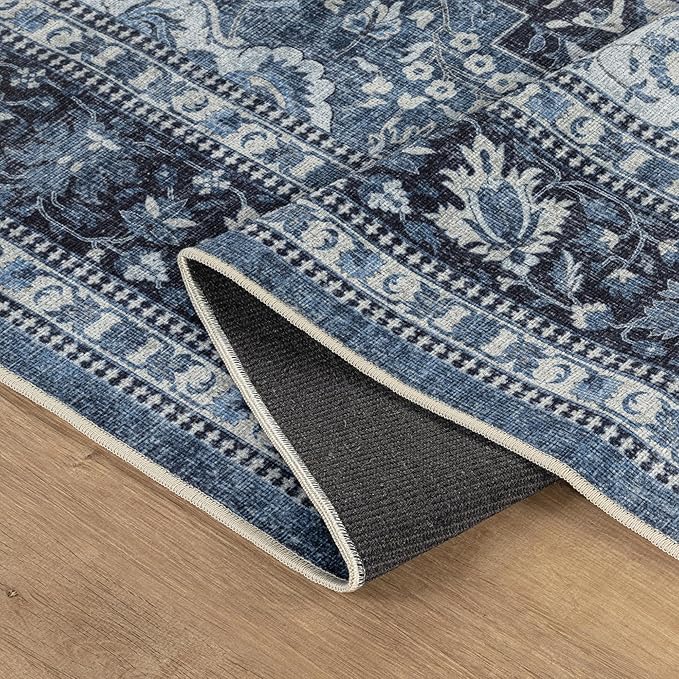 Bloom Rugs Caria Washable Non-Slip 5x7 Rug - Blue Traditional Area Rug for Living Room, Bedroom, Dining Room, and Kitchen - Exact Size: 5' x 7'