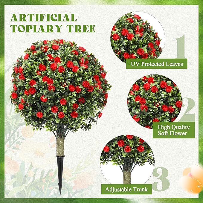 24" Artificial Topiary Ball Tree with Flower Set of 2,Outdoor Fake Topiary with Ground Spike,UV Resistant Faux Artificial Plant Bushes for Indoor Outdoor Front Porch Garden Decor(Dark Red)