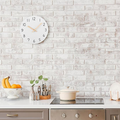 Plumeet 16'' Extra Large Wall Clock Frameless Wooden Clocks with Silent Quartz Movement - Modern Style Village Wall Clocks Decorative Home Kitchen - Battery Operated (White)