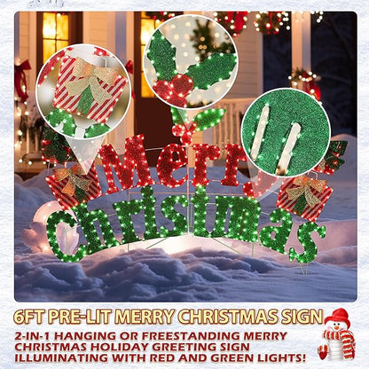 6FT Merry Christmas Sign for Decoration, 2-in-1 Pre-Lit Holiday Greeting Sign Decor with 456 LED Lights, Freestanding or Hanging Glittered Holiday Display for Outdoor, Indoor