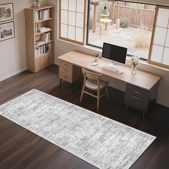 3x6 Runner Rug Non Slip, Thin Entryway Washable Rug for Entryway, Runners for Hallways, Low Pile Vintage Abstract Soft Rugs for Living Room, Kitchen, Bedroom (3'x6', Grey/Ivory)
