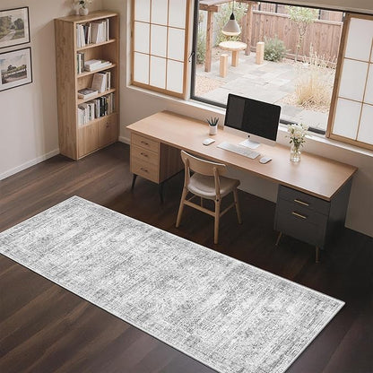 3x6 Runner Rug Non Slip, Thin Entryway Washable Rug for Entryway, Runners for Hallways, Low Pile Vintage Abstract Soft Rugs for Living Room, Kitchen, Bedroom (3'x6', Grey/Ivory)