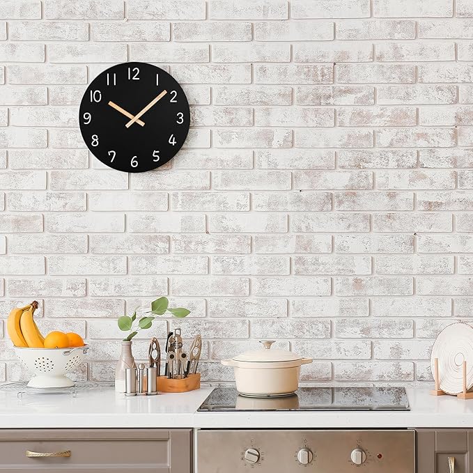 Plumeet 12'' Wooden Wall Clock Frameless Clocks with Silent Quartz Movement - Modern Style Village Wall Clocks Decorative Home Kitchen - Battery Operated (Black)
