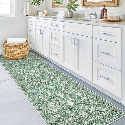 KILOCOCO Hallway Runner 2x8 Rug Runner Printed Vintage Floral Washable Kitchen Runners Non-Slip Rubber Backed Runners for Hallways Laundry Room Distressed Boho Rugs for Entryway Bedroom, Green