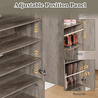 Shoe Cabinet Storage for Entryway with Doors, 5 Tier Fluted Shoe Organizer with Adjustable Shelves, Entryway Shoe Storage with Wooden Legs, Freestanding Hidden Shoe Rack for Front Door Entrance, Grey