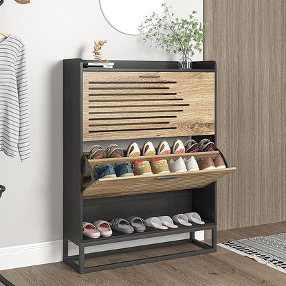Vibe & Dine Shoe Storage Cabinet for Entryway, Narrow Shoe Cabinet with 2 Flip Drawers, Slim Shoe Rack Cabinet with Storage Shelf and Top Cubby, Modern Wall Hidden Shoe Cabinet, Black, Wide