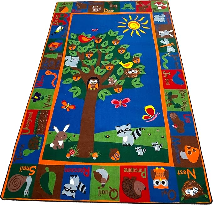 Forest Rug with Animal Alphabet, 7'6" x 12" Rectangle Educational Classroom Rug, Kids Learning Play Mat | Area Rug for Bedroom or Playroom
