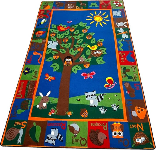 Forest Rug with Animal Alphabet, 7'6" x 12" Rectangle Educational Classroom Rug, Kids Learning Play Mat | Area Rug for Bedroom or Playroom
