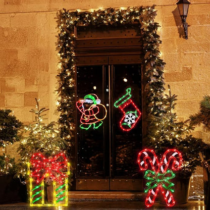 16" Christmas Window Silhouette Lights - 4 Pack Colour Lighted Christmas Stocking & Candy Cane & Gift Box & Santa for Holiday Indoor and Outdoor Wall Door Window Decorate