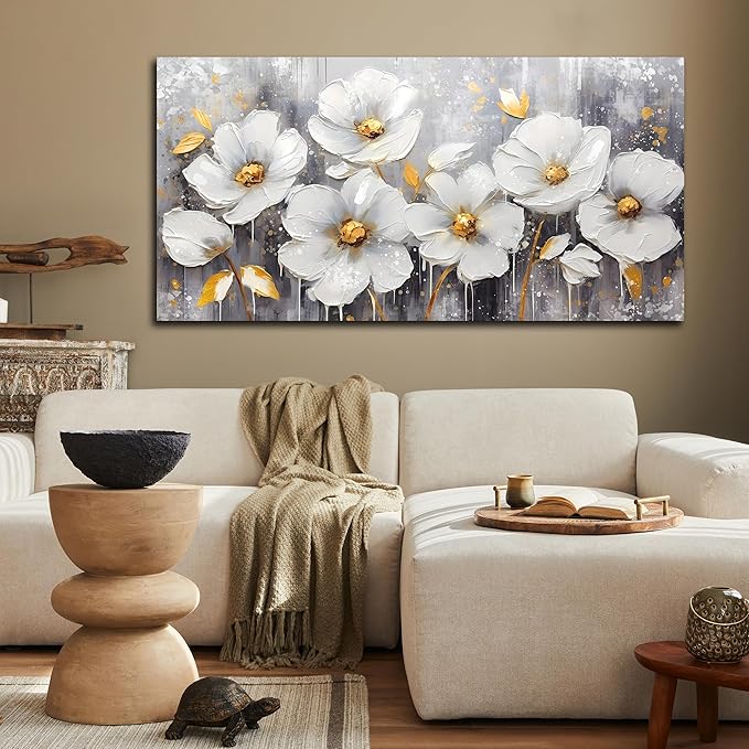 CIRABKY White Canvas Wall-Art - Flower Pictures Wall Decor - Large Wall Art for Living Room Ready to Hang Size 29" x 59"