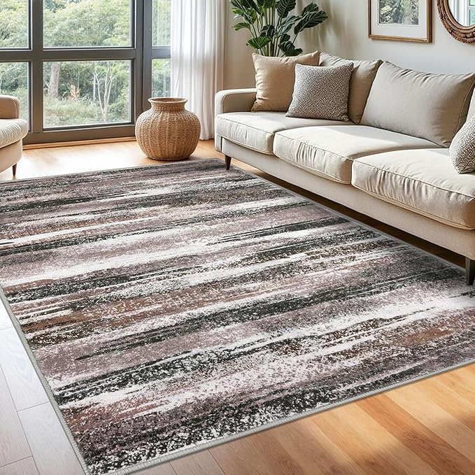 Modern Abstract 6x9 Machine Washable Living Room Rug Non-Slip Soft Bedroom Area Rug Dark Light Brown White Ultra Thin Print Faux Wool Floor Carpet Throw Rugs for Dining Room Indoor Office
