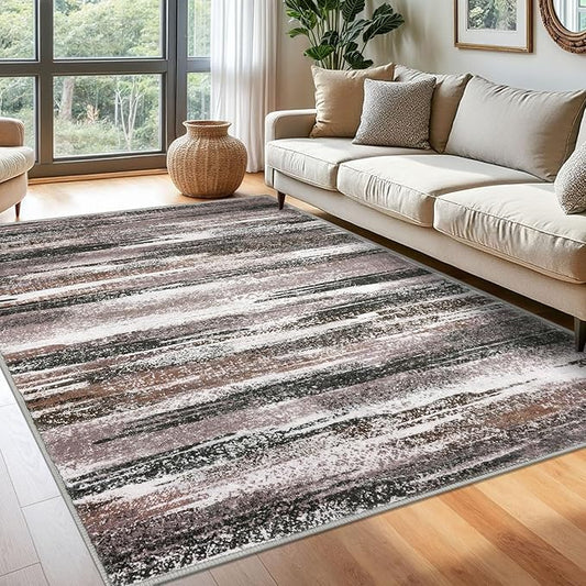 Modern Abstract 6x9 Machine Washable Living Room Rug Non-Slip Soft Bedroom Area Rug Dark Light Brown White Ultra Thin Print Faux Wool Floor Carpet Throw Rugs for Dining Room Indoor Office
