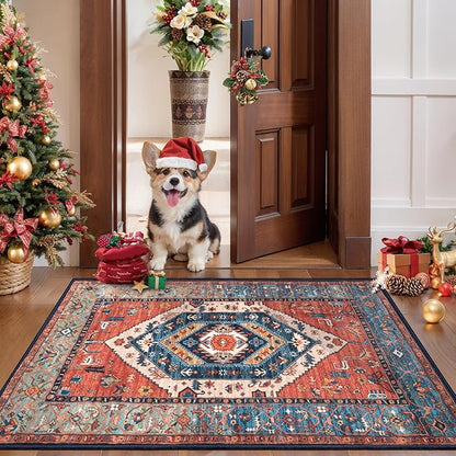 SERISSA Boho Rugs for Entryway, 2x3 Rust Entryway Rug Non-Slip Washable Small Area Rug, Ultra Soft Oriental Vintage Low-Pile Indoor Door Mat Floor Carpet for Entrance Bedroom Kitchen Bathroom