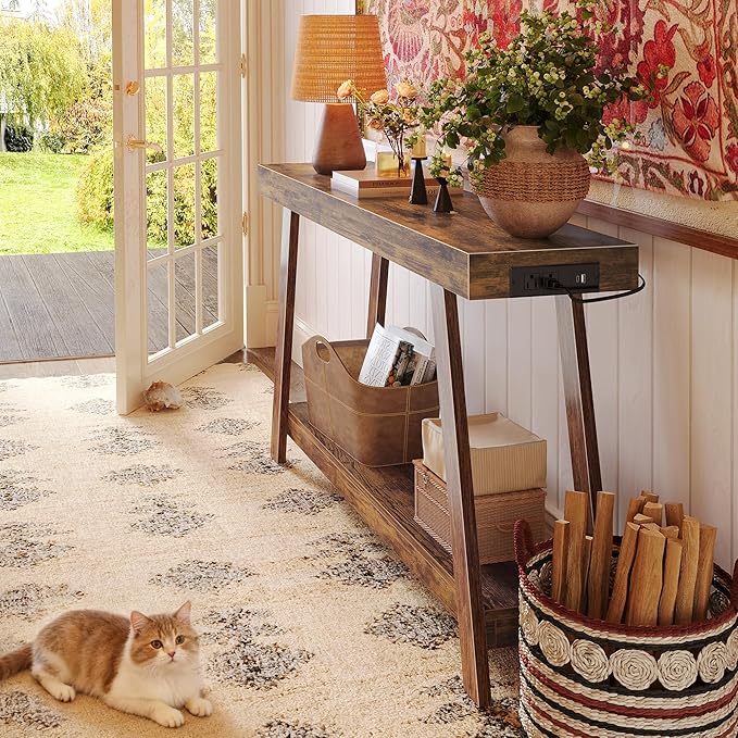 Huuger Console Table with Charging Station, USB-C Port, 2 Tiers Entryway Table, 47.2 Inch Sofa Table with Metal Legs, Entry Hallway Table with Thicker Desktop, Behind Couch Table, Rustic Brown