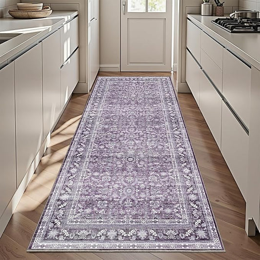 OPPODREAM Thin Vintage Purple 3x6 Runner Rug, 3 x 6 Retro Washable Rug Non Slip, Low-Pile Faux Wool Carpet, Distressed Floor Mat for Kitchen, Hallway, Entry-Way, Entrance, Indoor Back Door